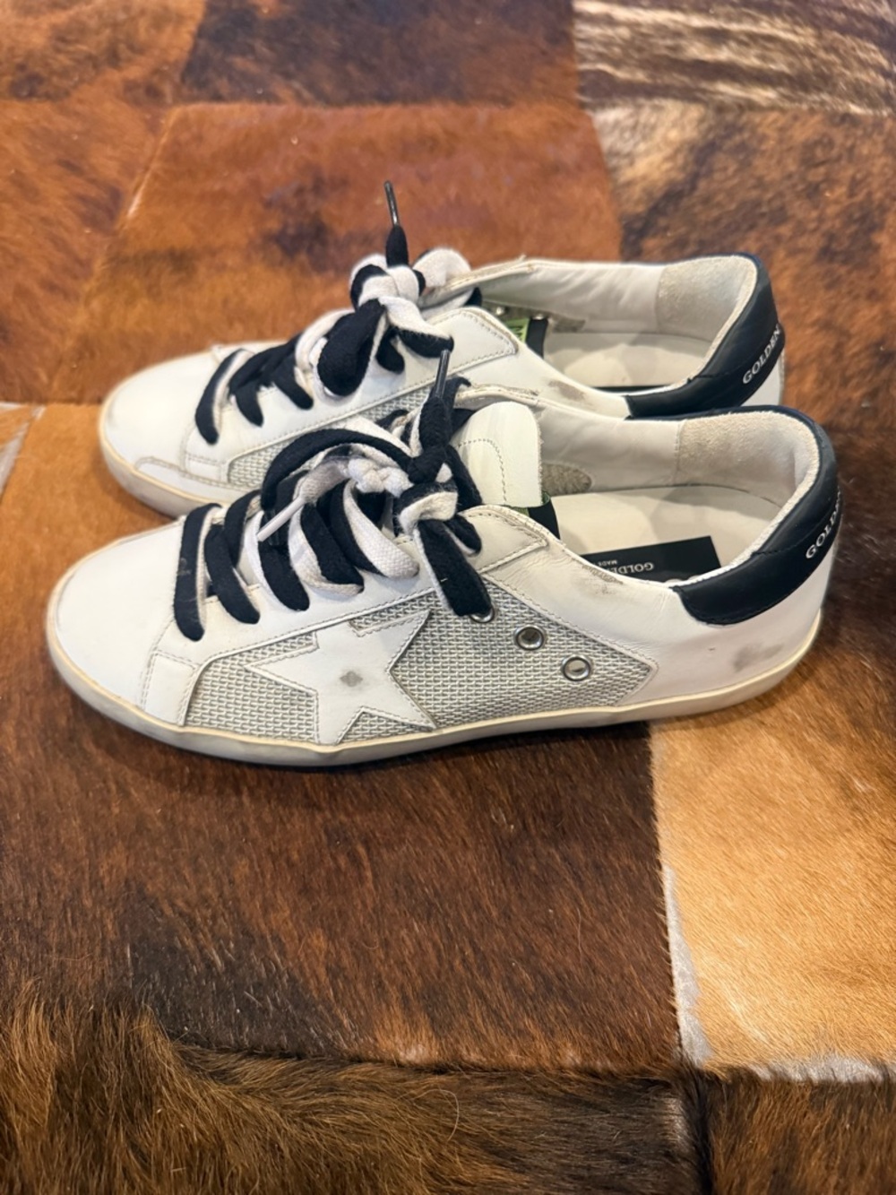 Golden Goose White/Black Mesh and Leather Sneakers